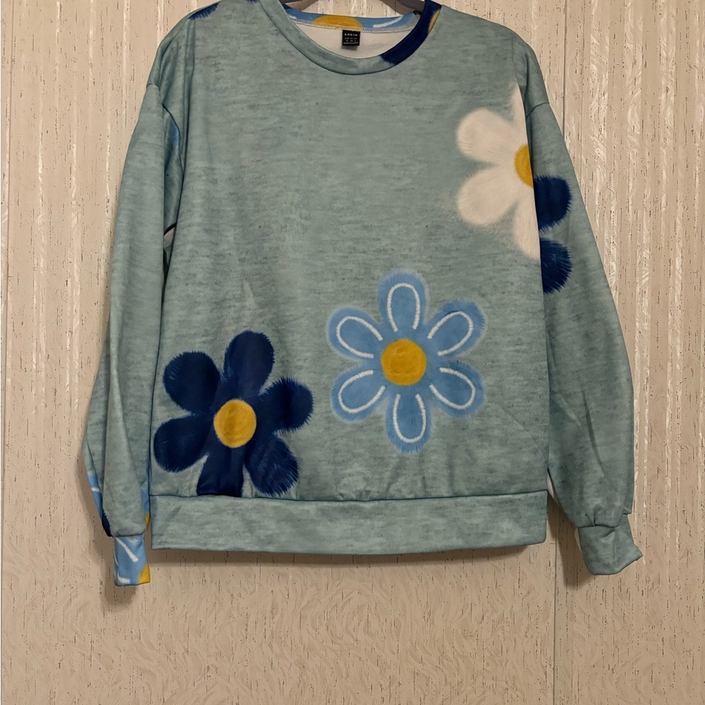 SHEIN Blue Floral Crew Neck Sweater